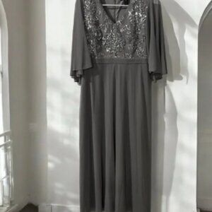 R&M Richards Silver Fleur De Lis Sequin Dress Mature Long Maxi Gown Size 12